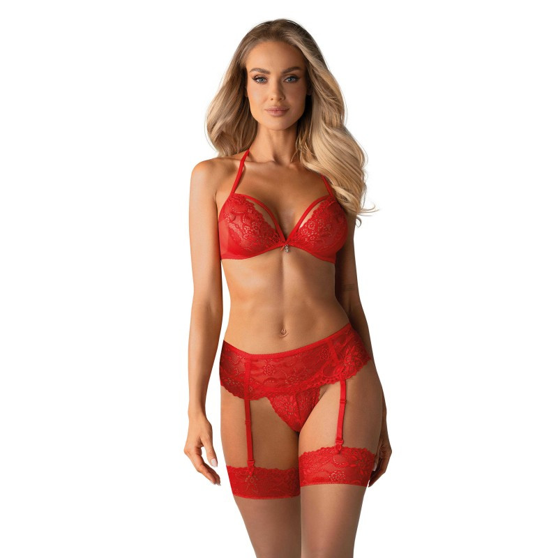 Ensemble glamour rouge 3 pièces - Ensemble lingerie sexy pour travestis
